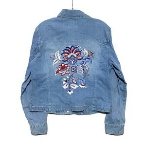 Live A Little Vintage Jean Denim Jacket Womens M Beaded Floral Boho Art To Wear